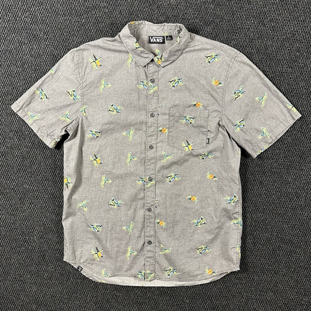 Vans "Off The Wall" Button Up Shirt Men's L Gray Bird Print Short Sleeve Skater